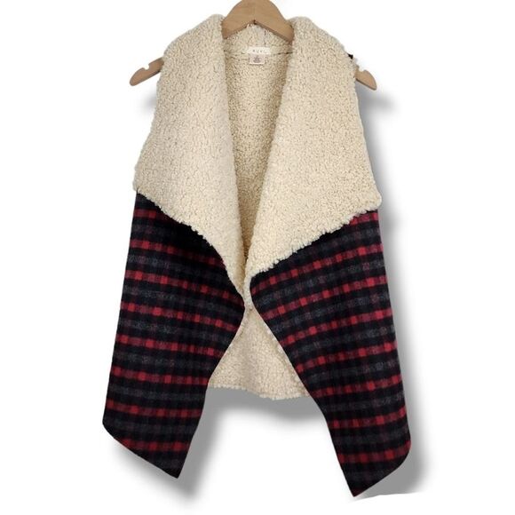 RUYI Jackets & Blazers - Ruyi Plaid Wool Blend Open Front Vest - Sherpa Lined - Red/Black - One Size